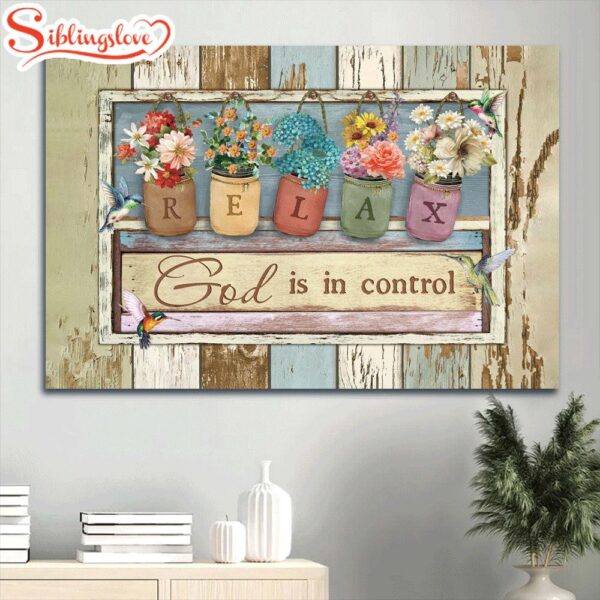 Hummingbirds Watercolor Flower Jars God Is In Control Canvas Wall Art