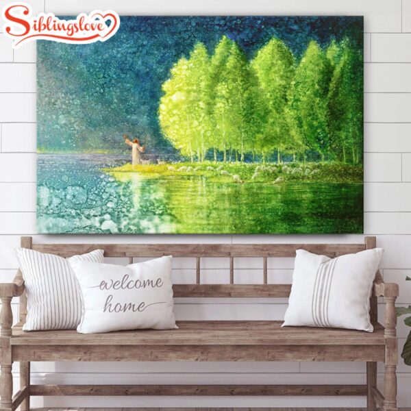 Jesus And The Lamb Picture Beside Still Waters Canvas Wall Art