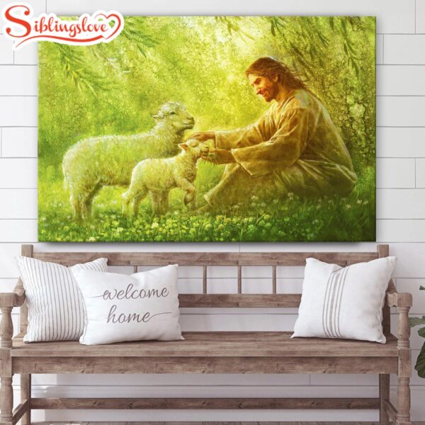 Jesus And The Lamb Picture Green Pastures Canvas Wall Art