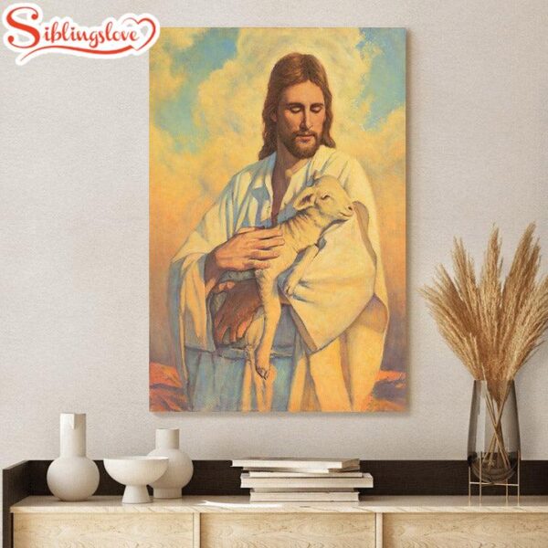 Jesus And The Lamb Picture In His Arms Portrait Canvas Wall Art