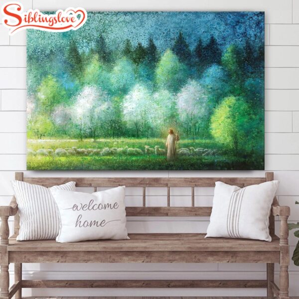 Jesus And The Lamb Picture Upon The Green Grass Canvas Wall Art