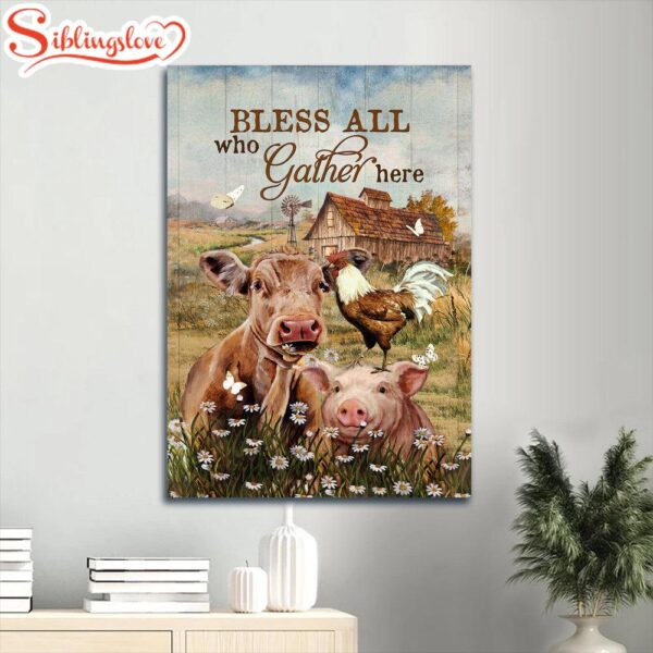 Jesus Animal Drawing Daisy Field Rooster Painting Bless All Who Gather Here Canvas Wall Art