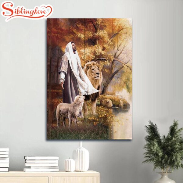 Jesus Animal Of God Stunning Lion White Lamb Autumn Forest Canvas Wall Art