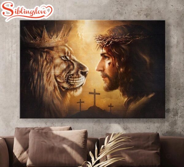 Jesus Christ The Lion Of Judah Cross Symbol Face To Face Canvas Wall Art