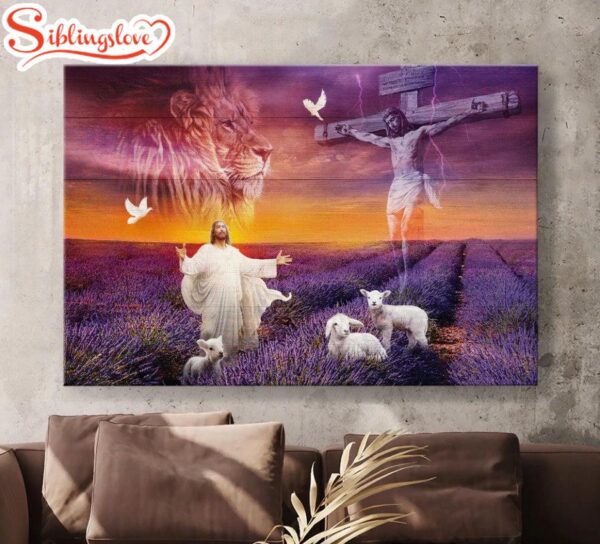 Jesus Cross The Lion Of Judah The Lamb Of God Lavender Field Canvas Wall Art