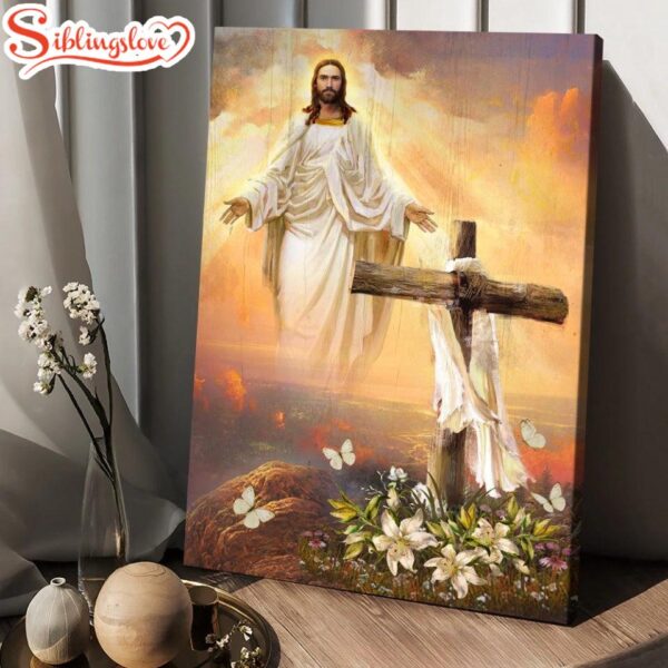 Jesus Drawing Cross Symbol Lily Flower Sunset In The Sky Canvas Posters