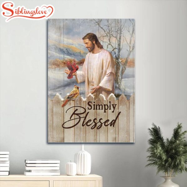 Jesus Painting Pretty Cardinal Winter Forest Simply Blessed Canvas Wall Art