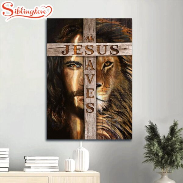 Jesus Saves Jesus And Lion Of Judah Painting Wooden Cross Christian Gift Canvas Wall Art