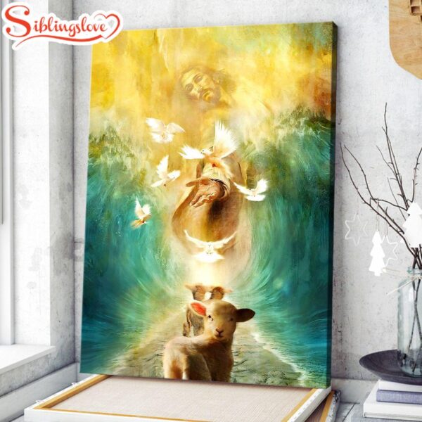 Jesus The Lamp And The Dove Walking Through The Water With The Waves Canvas Wall Art