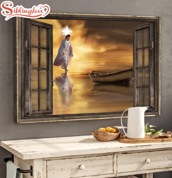 Jesus Walks On Water Wooden Window Halo Infinite Canvas Wall Art