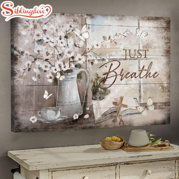 Just Breathe Vintage Bible Cross Canvas Wall Art