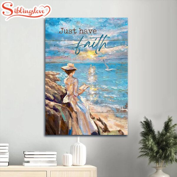 Lady Reading Book Sunrise Ocean Flying Seagull Just Have Faith Canvas Wall Art