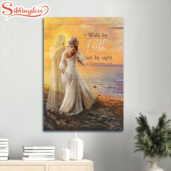 Lady Walking With Jesus Sea Sunset Walk By Faith Not By Sight Canvas Wall Art