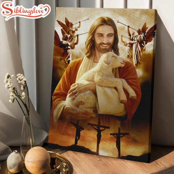 Lamb Of God Jesus Drawing Heaven Angels Three Crosses Canvas Wall Art