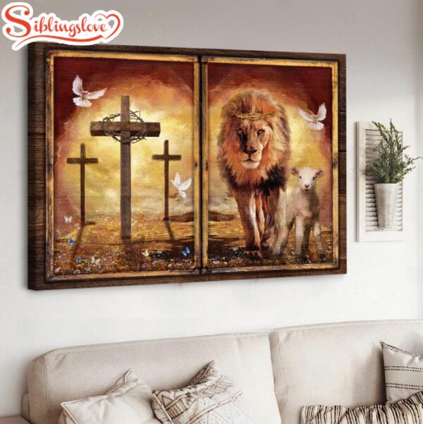 Lion And Lamb Orange Sunset Cross Canvas Wall Art