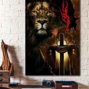 Lion Cross Christian Faith Canvas…