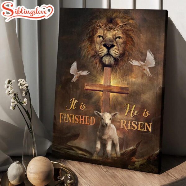 Lion Dove And Lamb Wooden Cross He Is Risen Canvas Wall Art