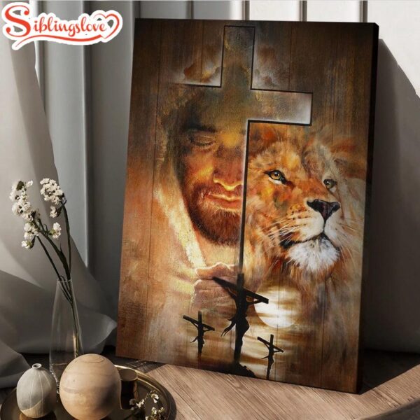 Lion Drawing Jesus Amazing Sunset Big Cross Canvas Wall Art