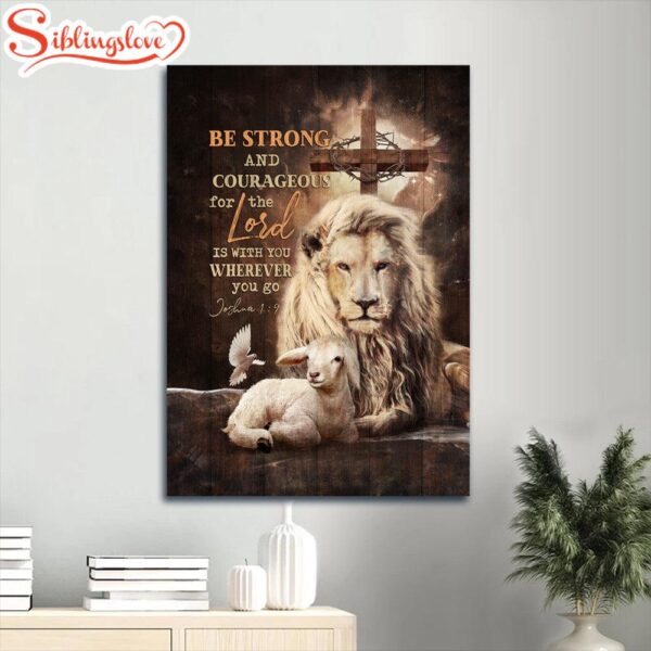 Lion Drawing White Lamb Be Strong And Courageous Canvas Wall Art