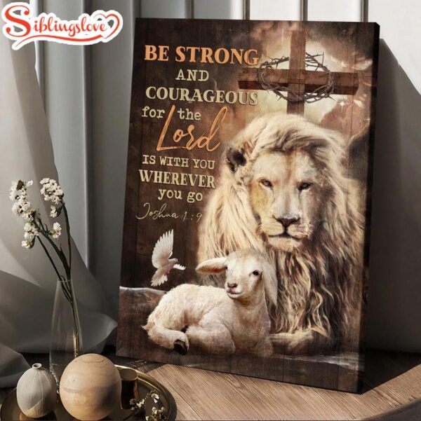 Lion Lamb Cross Drawing Be Strong And Courageous Canvas Wall Art