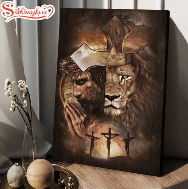 Lion Of Judah Face Of Jesus Golden Crown Cross Canvas Wall Art