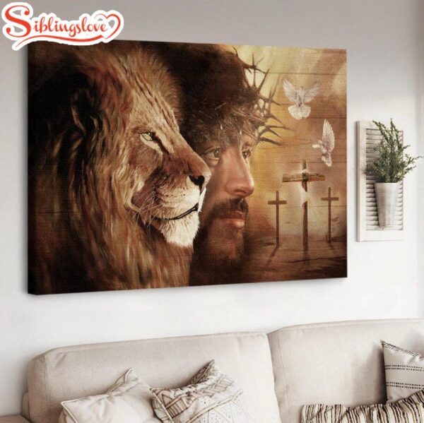 Lion Of Judah The Face Of Jesus Dove Cross Canvas Wall Art