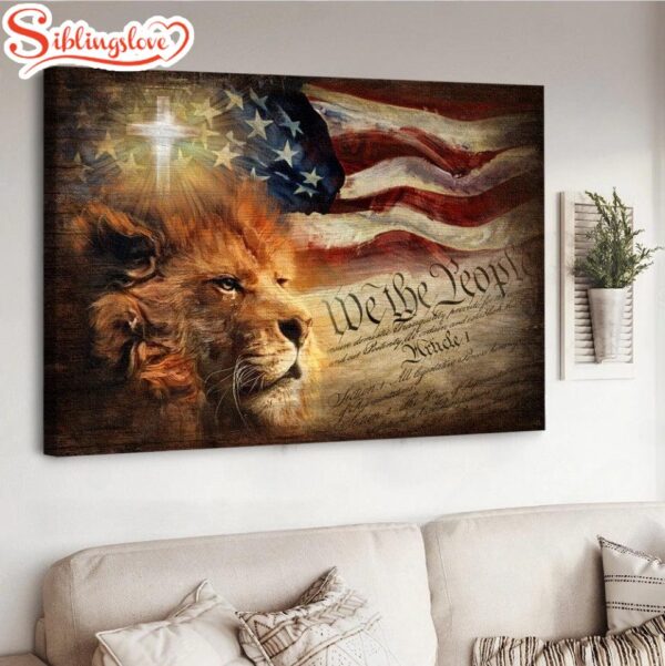 Lion Painting Watercolor American Flag Cross Independence Day Canvas Wall Art