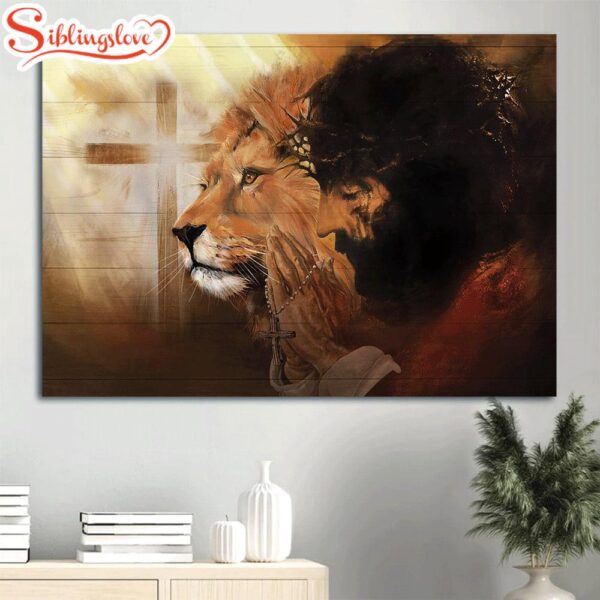 Lion Real Face Of Jesus Cross Symbol Pray For Healing Canvas Wall Art