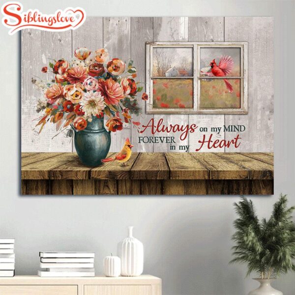 Memorial Brilliant Rose Flower Red Cardinal Vintage Window Canvas Always On My Mind Canvas Wall Art