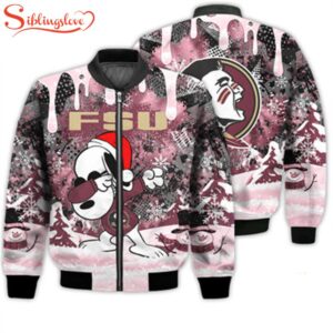 NCAA Florida State Seminoles Snoopy Football Merry Christmas Bomber Jacket For Fans