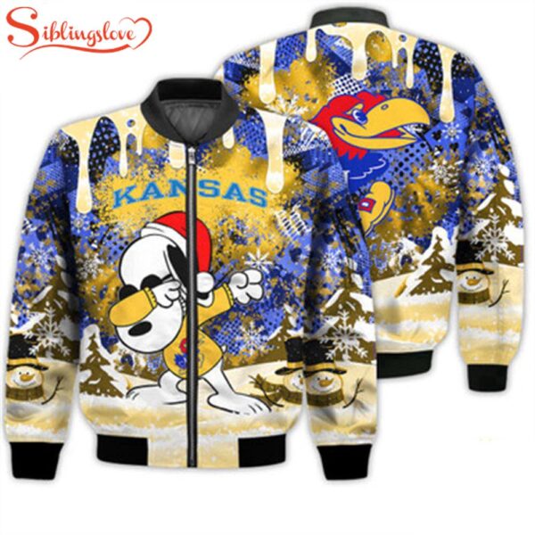 NCAA Kansas Jayhawks Snoopy Football Merry Christmas Bomber Jacket For Fans