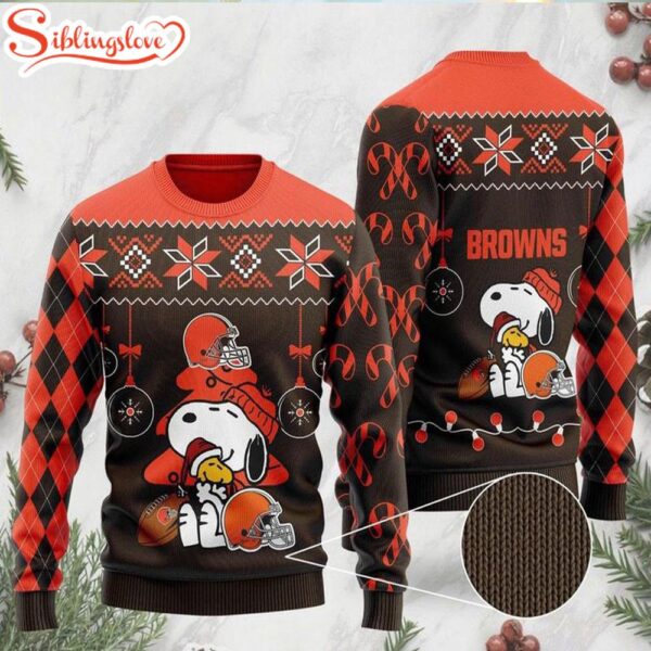 NFL Cleveland Browns Funny Charlie Brown Peanuts Snoopy and Woodstock Ugly Christmas Sweater