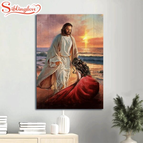 On The Beach Sunset Kneeling Before God Canvas Wall Art