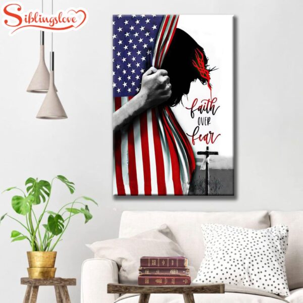 Patriotic Christian Faith Over Fear Jesus Face American Flag Canvas Art