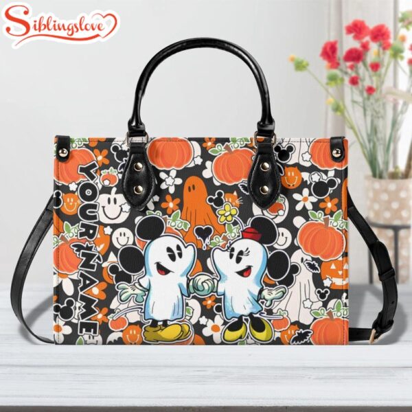 Personalized Name Mickey And Minnie Mouse Happy Halloween Leather Handbag