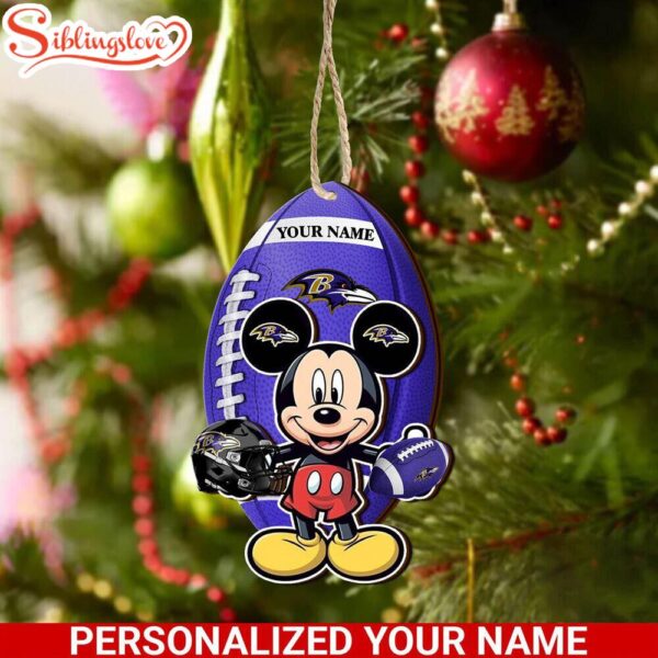 Personalized Name NFL Baltimore Ravens Football Team Mickey Mouse Christmas Ornament