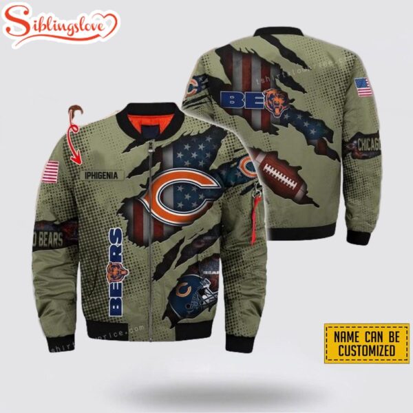 Personalized Name NFL Chicago Bears Us Flag Veteran Bomber Jacket