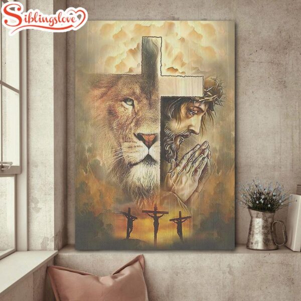 Praying With Jesus Lion Of Judah Cross Canvas Wall Art