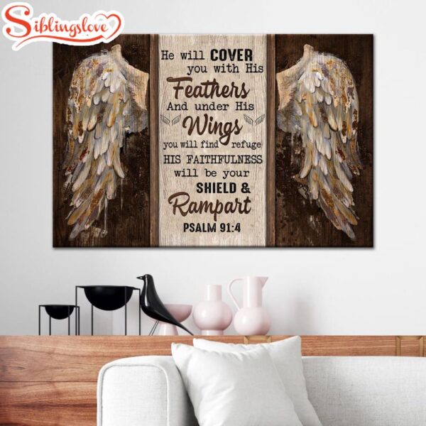 Psalm 914 He Will Cover You With His Feathers Wall Art Canvas, Bible Verse Wall Art Decor