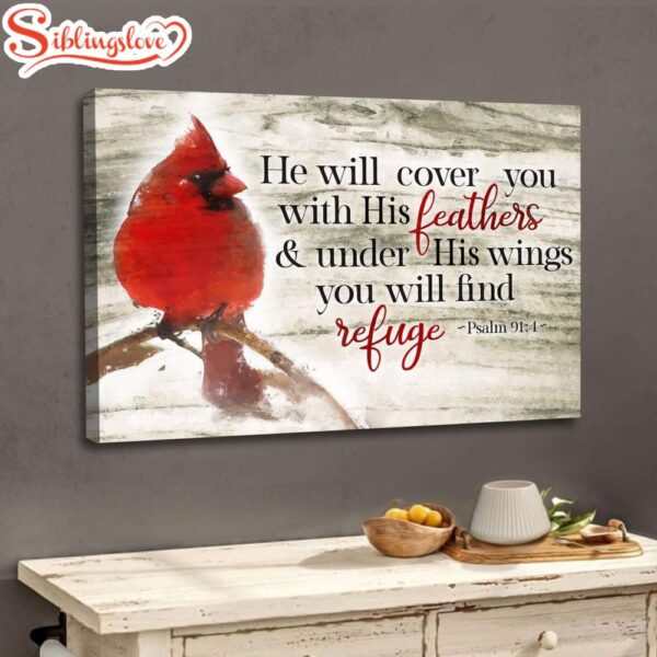 Psalm 914 He Will Cover You With His Feathers Wall Art Canvas, Cardinal Bird Christian Wall Decor