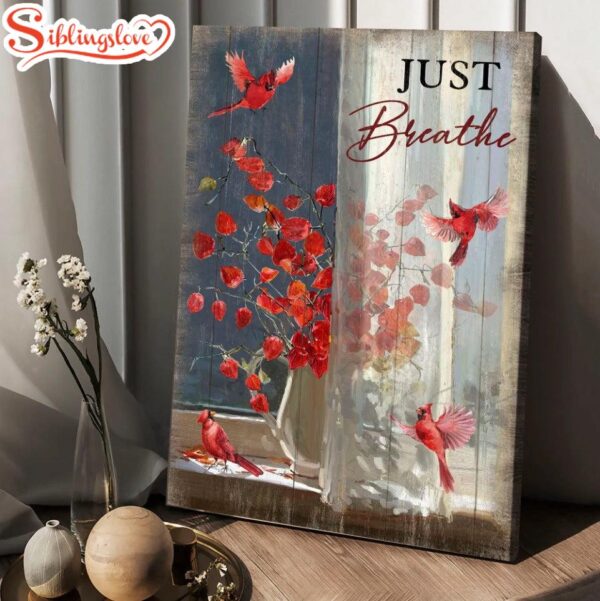 Red Cardinal Red Leaves Just Breathe Canvas Wall Art