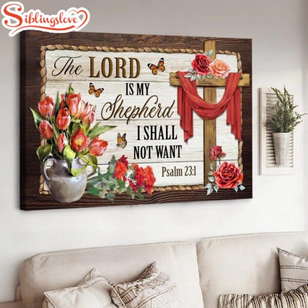 Red Tulip Rose Christ Cross The Lord Is My Shepherd Canvas Wall Art