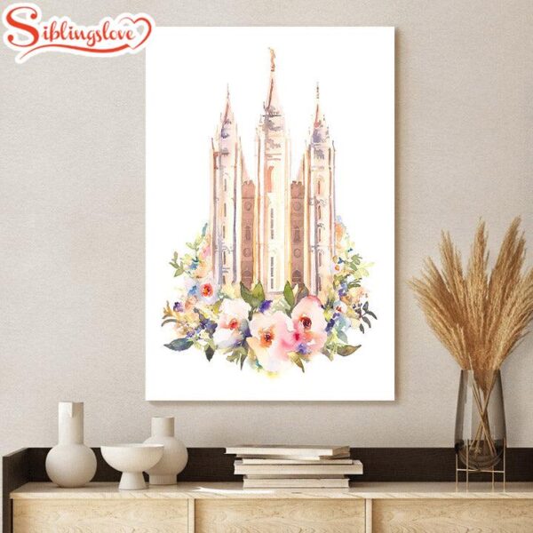 Salt Lake City Temple Floral Watercolor Canvas Wall Art