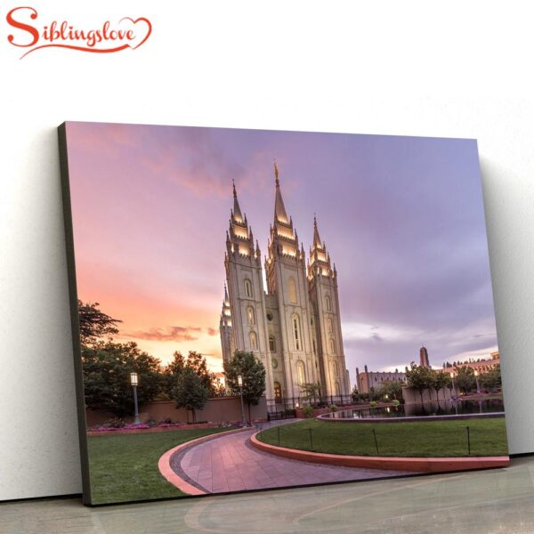 Salt Lake City Temple Sunset Lit Pathway Canvas Wall Art Jesus Christ Picture Canvas