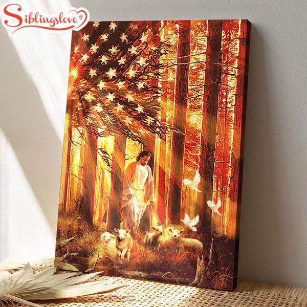 Scripture Canvas Wall Art Jesus Canvas Walking With The Lambs Jesus In Flag American Canvas