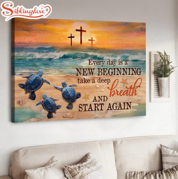 Sea Turtle Pretty Sunset Deep Ocean Cross Every Day Is A New Beginning Canvas Wall Art