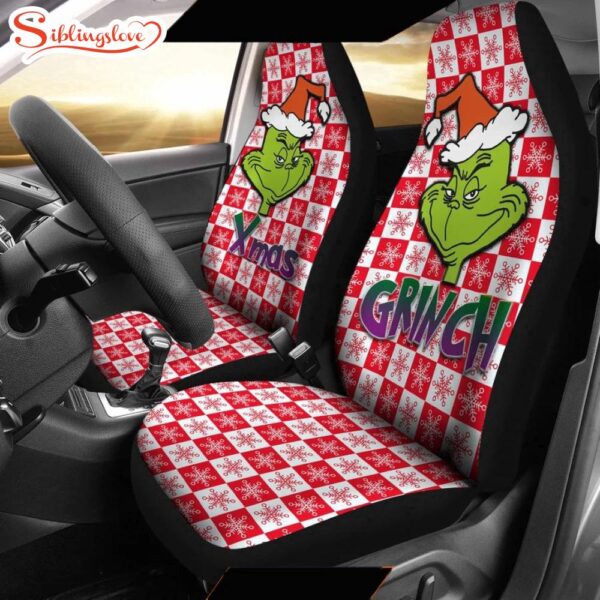 Smiling Evil Grinch Xmas Red Snowflake  Cartoon Seat Cover Car Decor