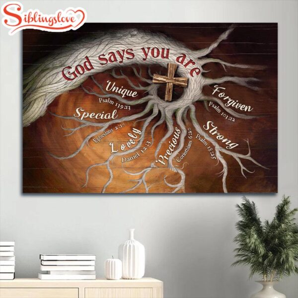 Tree Roots Wooden Cross Painting Bible Verses God Says You Are Canvas Wall Art