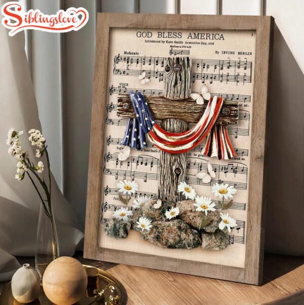 Unique Cross Vintage Music Sheet American Flag God Bless America Canvas Wall Art