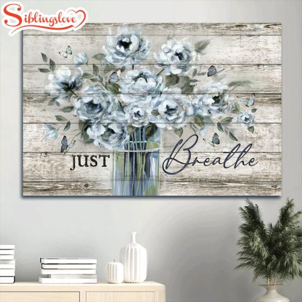 Vintage Flower Vase Blue Butterfly Just Breathe Canvas Wall Art